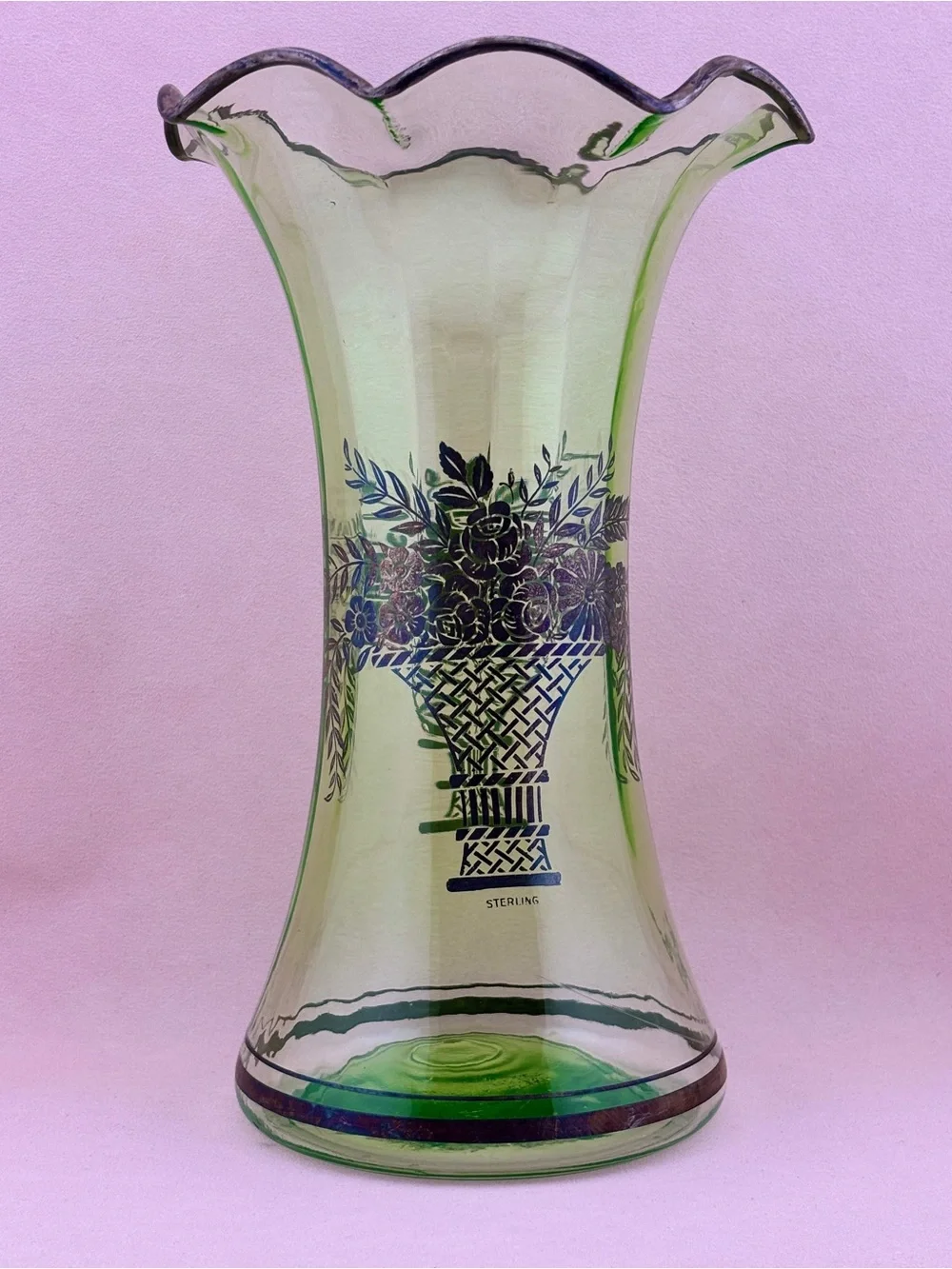 Vintage Art Deco Uranium Glass Vase With Sterling Silver Overlay